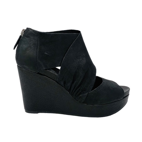 Eileen Fisher Draw Draped Black Nubuck Leather Wedge Heel Sandal Size 7.5 EUC - Picture 3 of 12